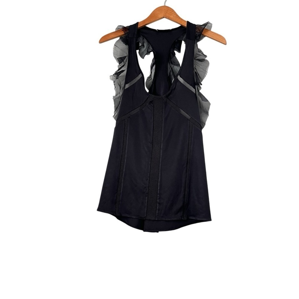 JOY CIOCI NY  Racerback Top Sz M Black Mesh Ruffles Boho Whimsigoth Festive